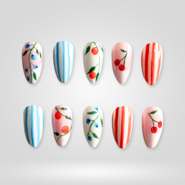 Cherry Stripe | Floral Almond Press-Ons press-on nail set