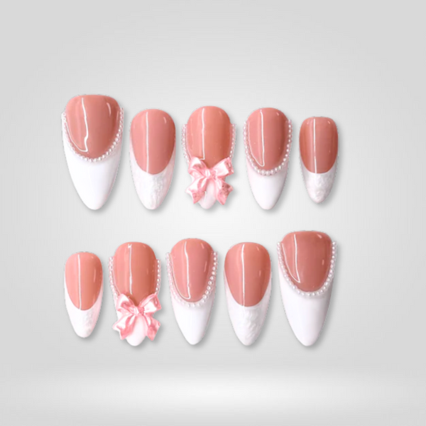 Pearl Bow | Milky Cloud Dancer Almond Press-Ons press-on nail set