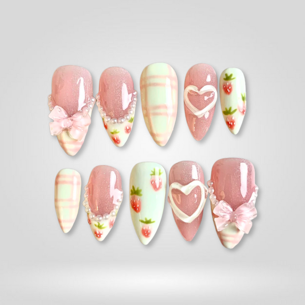 Sweet Strawberry | Milky Cloud Dancer Almond Press-Ons press-on nail set