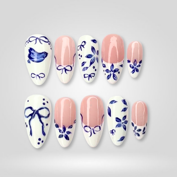 Ceramic Blue | Milky Cloud Dancer Almond Press-Ons press-on nail set