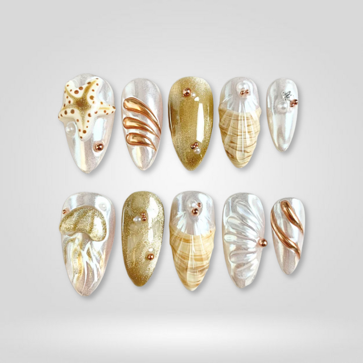 Golden Shore milky cloud dancer press-on nails - almond shape, front view