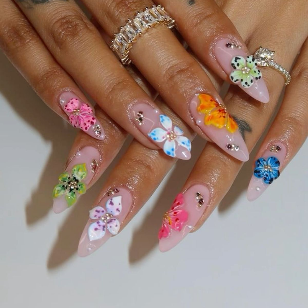 Charm Bloom press-on nail set - XS to L sizing, floral design