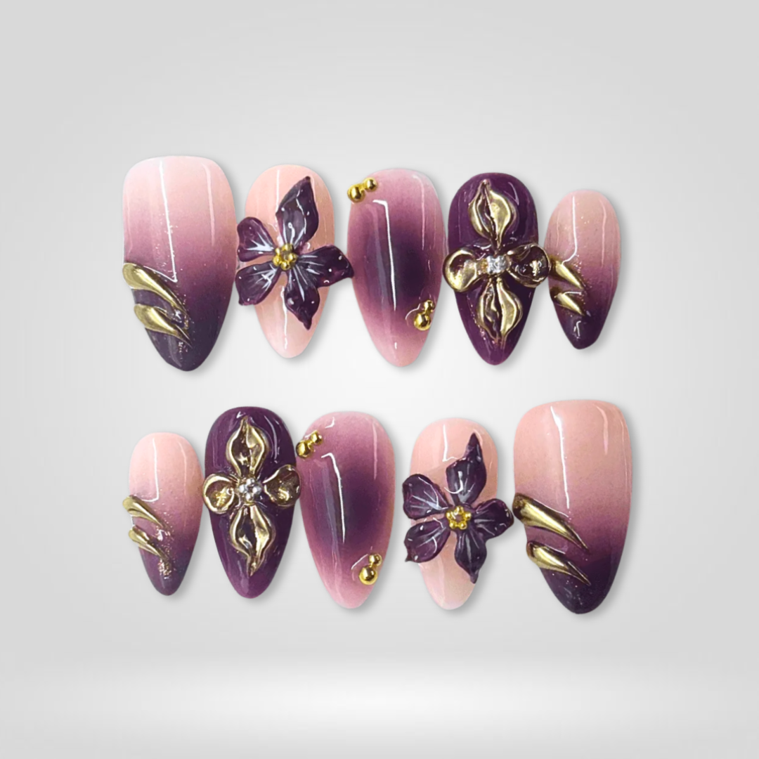 Purple Bloom floral press-on nails - almond shape, front view