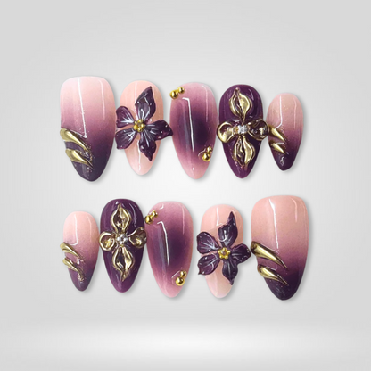 Purple Bloom floral press-on nails - almond shape, front view