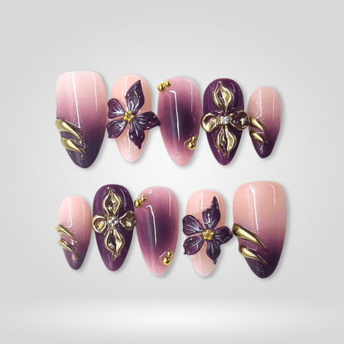 Purple Bloom floral press-on nails - almond shape, front view