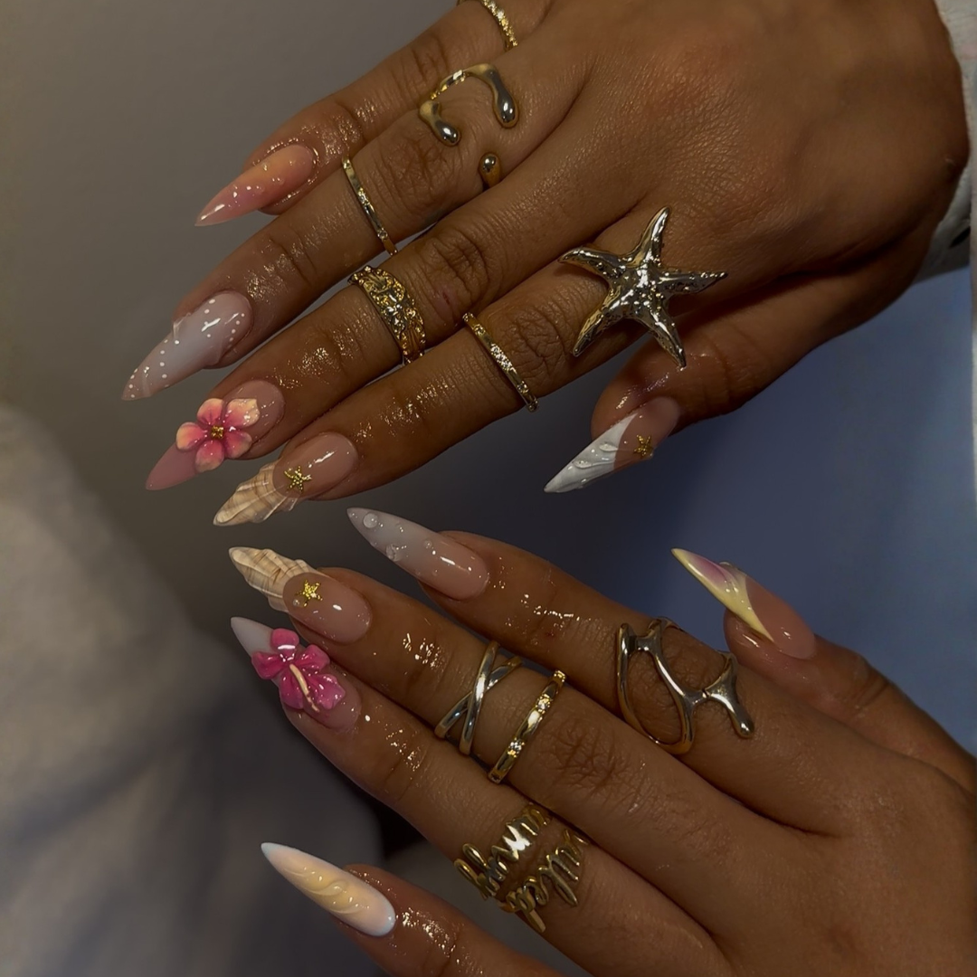Golden Tide press-on nails on hand - lifestyle photo, cat-eye velvet finish