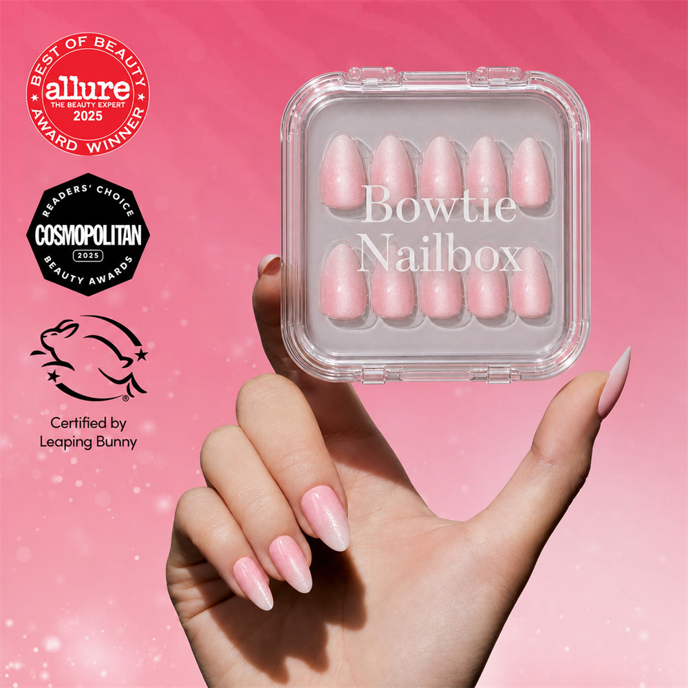 BIG BUNNY ENERGY press-on nails on hand - lifestyle photo, cat-eye velvet finish