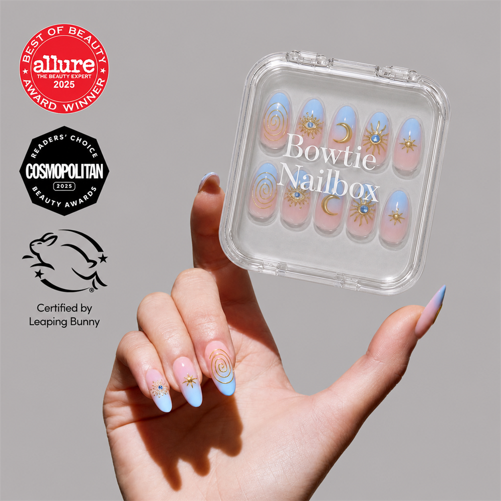 Spirited Sky press-on nails on hand - lifestyle photo, 3d sculptural finish