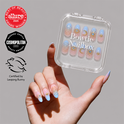 Spirited Sky press-on nails on hand - lifestyle photo, 3d sculptural finish