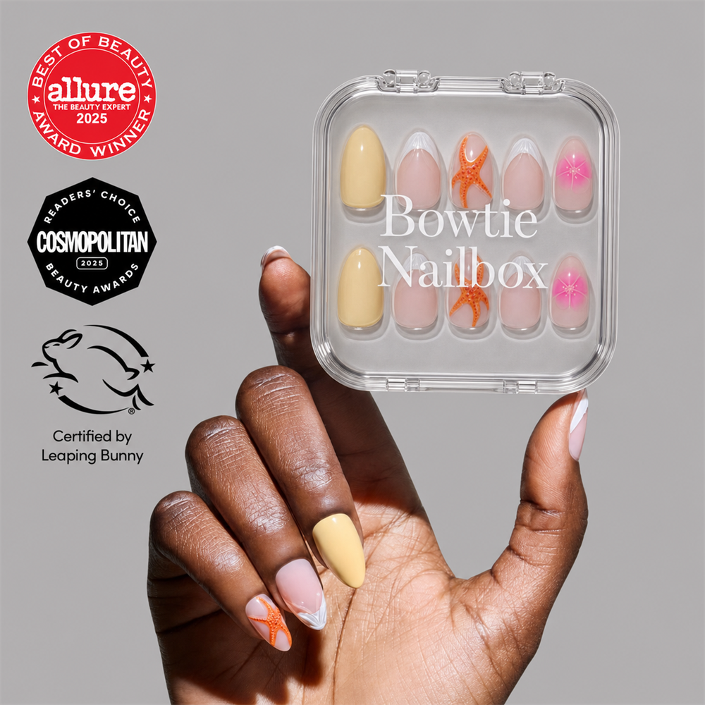 Sunset Tide press-on nails on hand - lifestyle photo, 3d sculptural finish