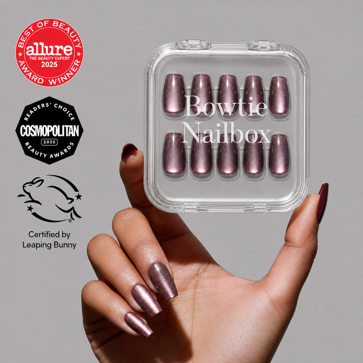 Espresso Glow press-on nails on hand - lifestyle photo, cat-eye velvet finish