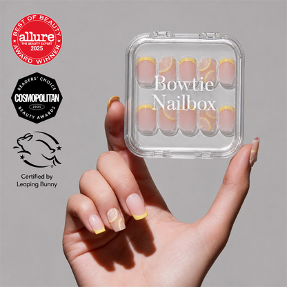 Limonata press-on nails on hand - lifestyle photo, butter yellow finish