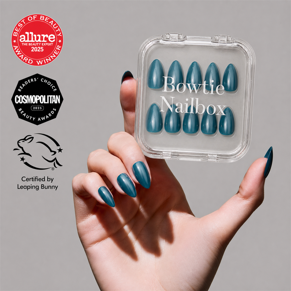 Midnight Teal press-on nails on hand - lifestyle photo, jelly glaze finish