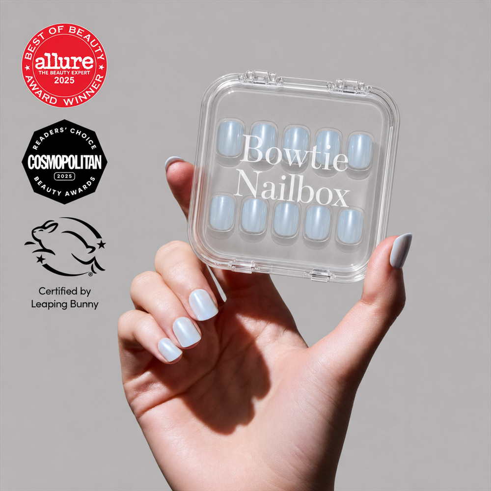 Clear Skies press-on nails on hand - lifestyle photo, jelly glaze finish
