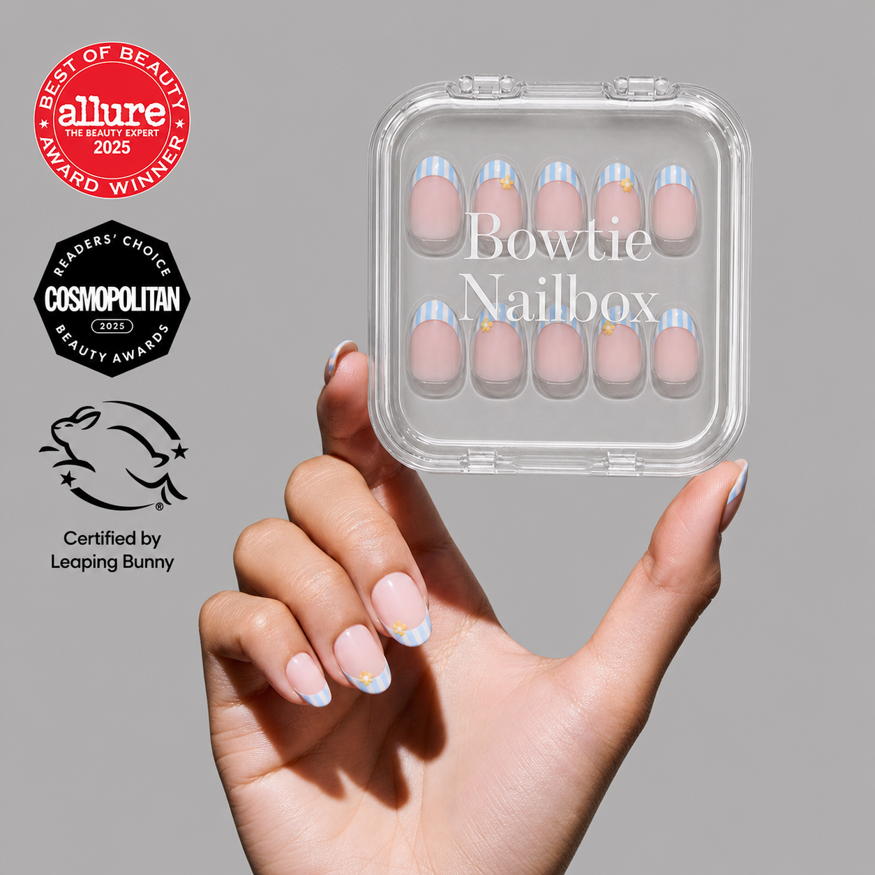 Summer Fresco press-on nails on hand - lifestyle photo, butter yellow finish