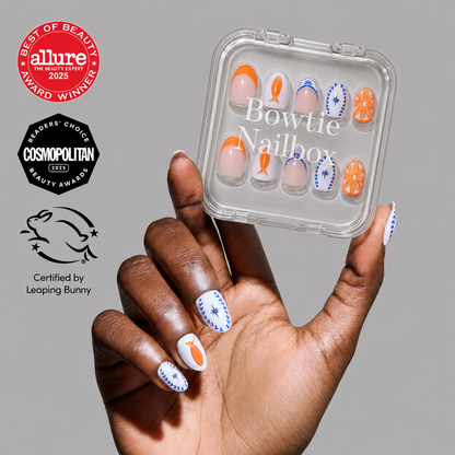 Citrus Coast press-on nails on hand - lifestyle photo, 3d sculptural finish