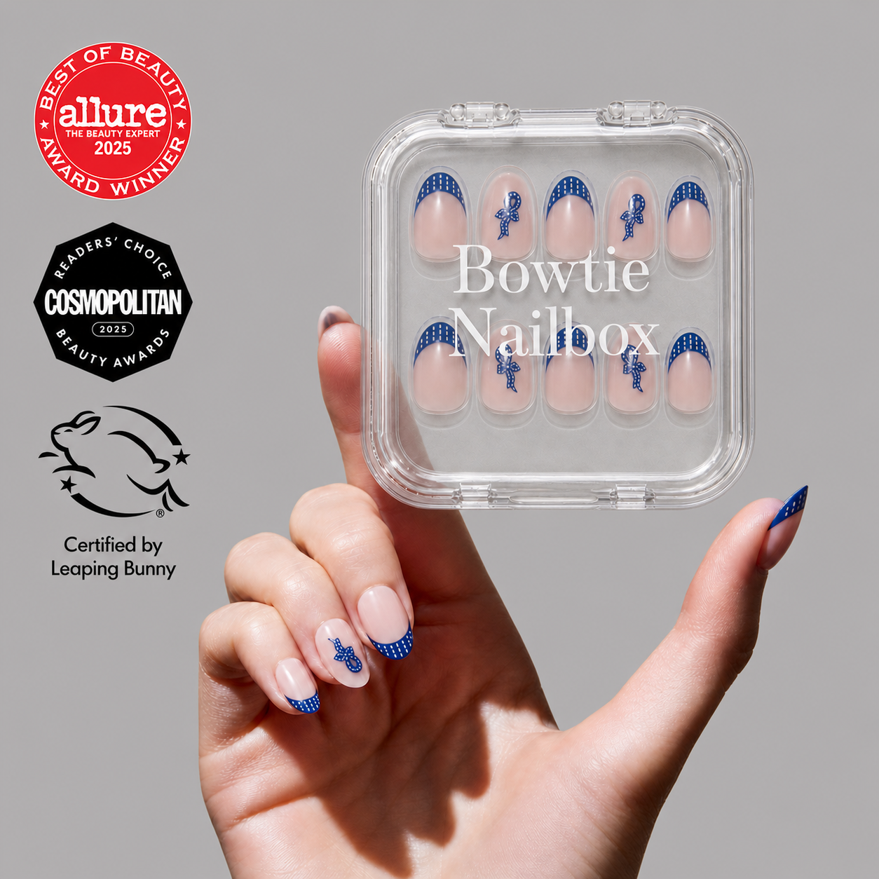 Whale Waves press-on nails on hand - lifestyle photo, polka dot finish