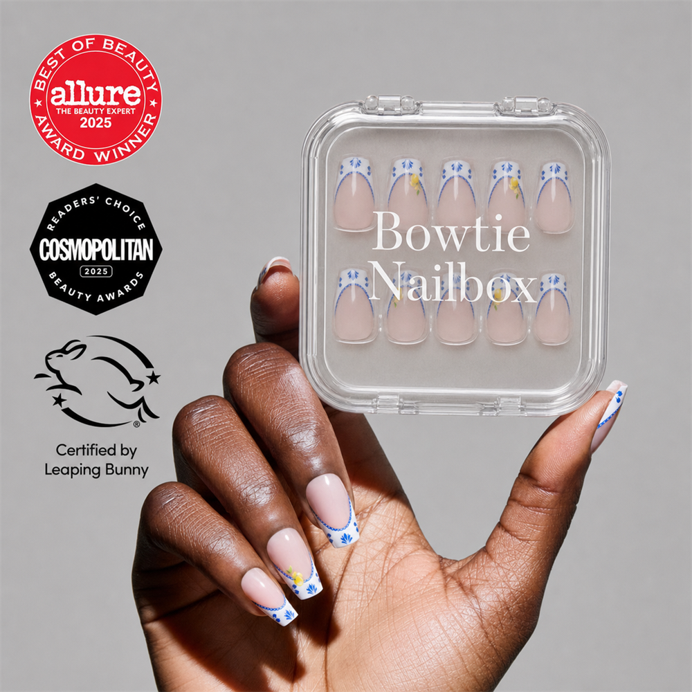 Tuscan Twist press-on nails on hand - lifestyle photo, milky cloud dancer finish