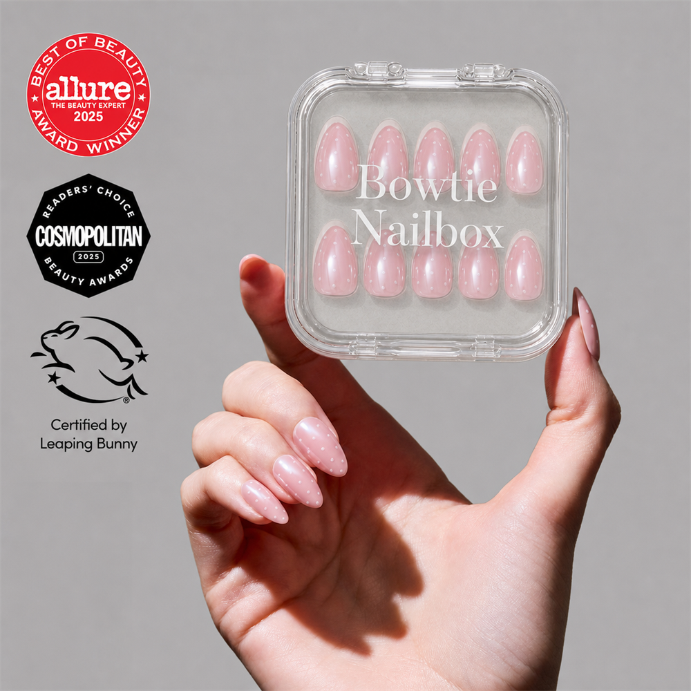 Barely Spotted press-on nails on hand - lifestyle photo, polka dot finish