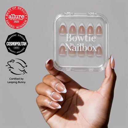 Class Act press-on nails on hand - lifestyle photo, milky cloud dancer finish