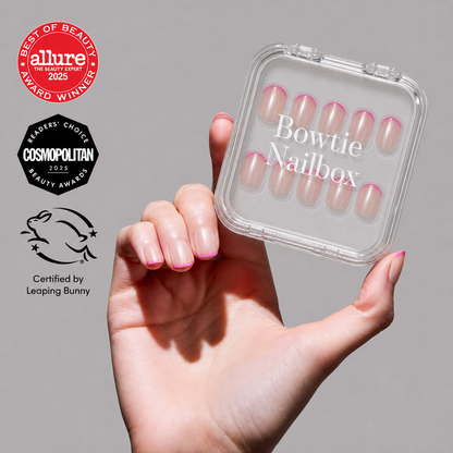 Mauve On Up press-on nails on hand - lifestyle photo, jelly glaze finish