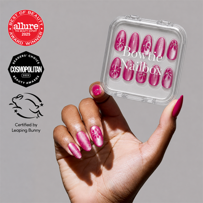 Rosy Siren press-on nails on hand - lifestyle photo, cat-eye velvet finish