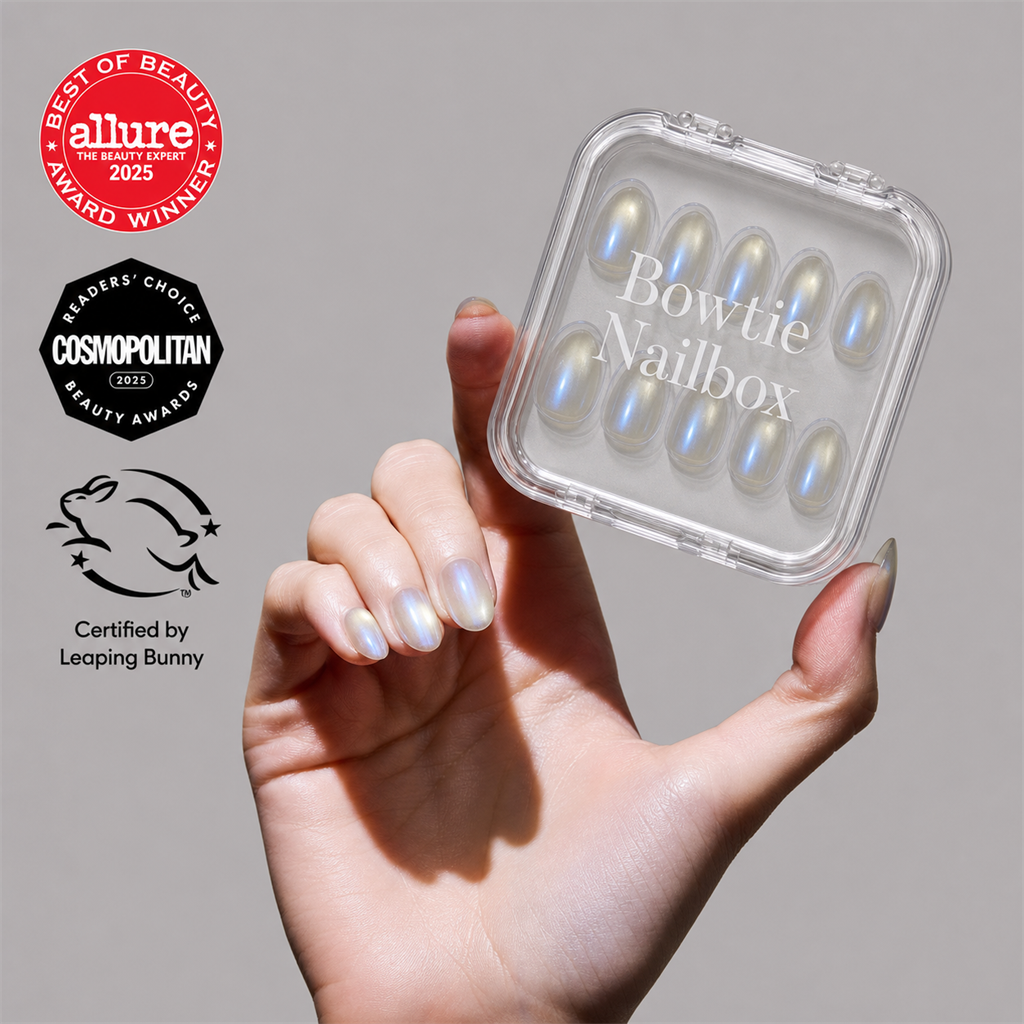 Silver Siren press-on nails on hand - lifestyle photo, jelly glaze finish