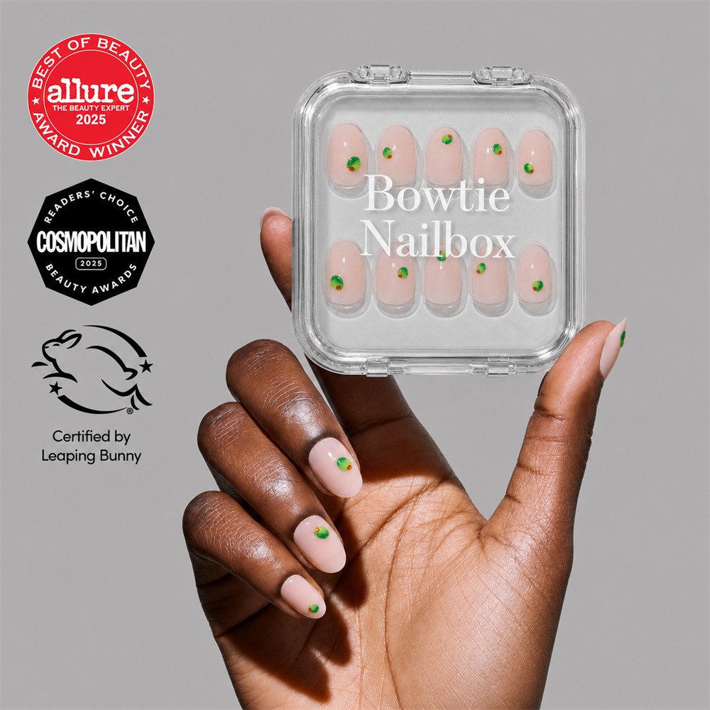 Tipsy Olive press-on nails on hand - lifestyle photo, french tip finish