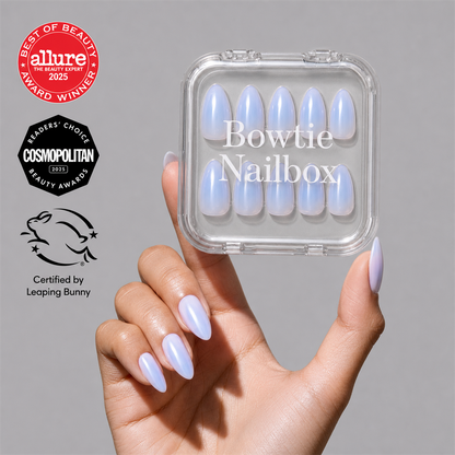 Sky Berry press-on nails on hand - lifestyle photo, milky cloud dancer finish