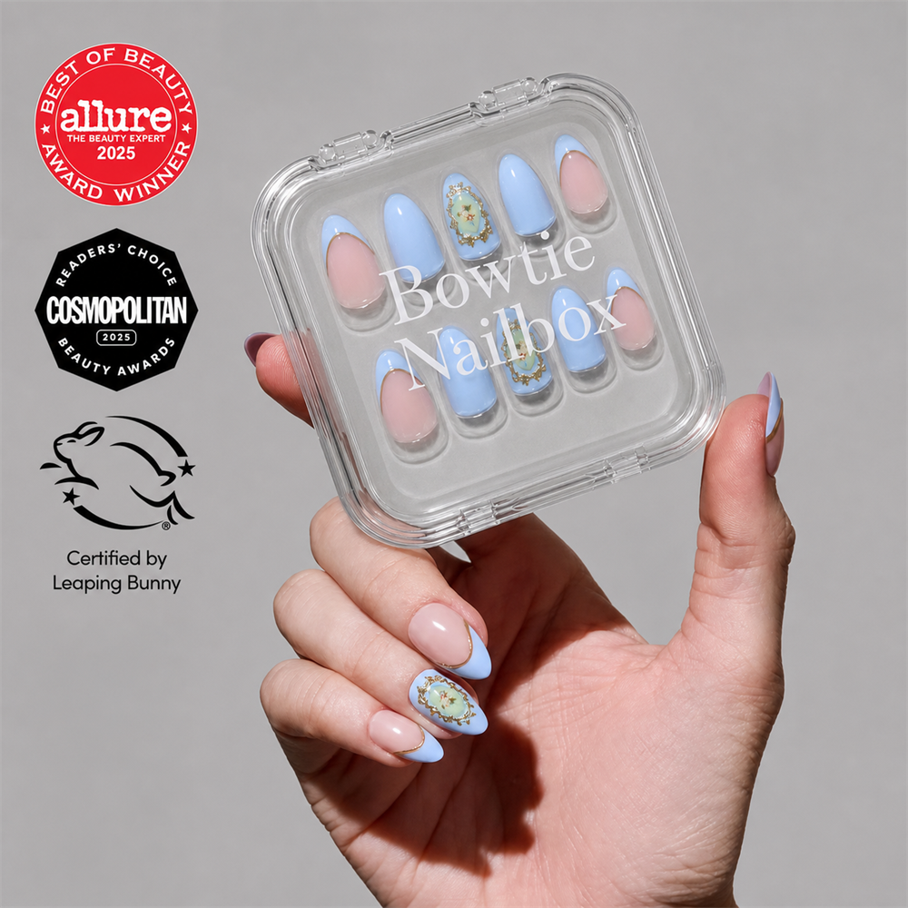 Angel in Blue press-on nails on hand - lifestyle photo, french tip finish
