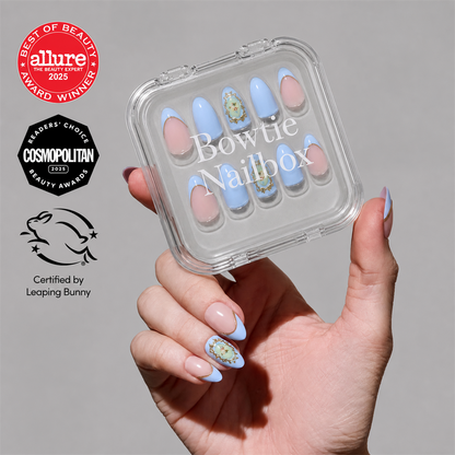 Angel in Blue press-on nails on hand - lifestyle photo, french tip finish