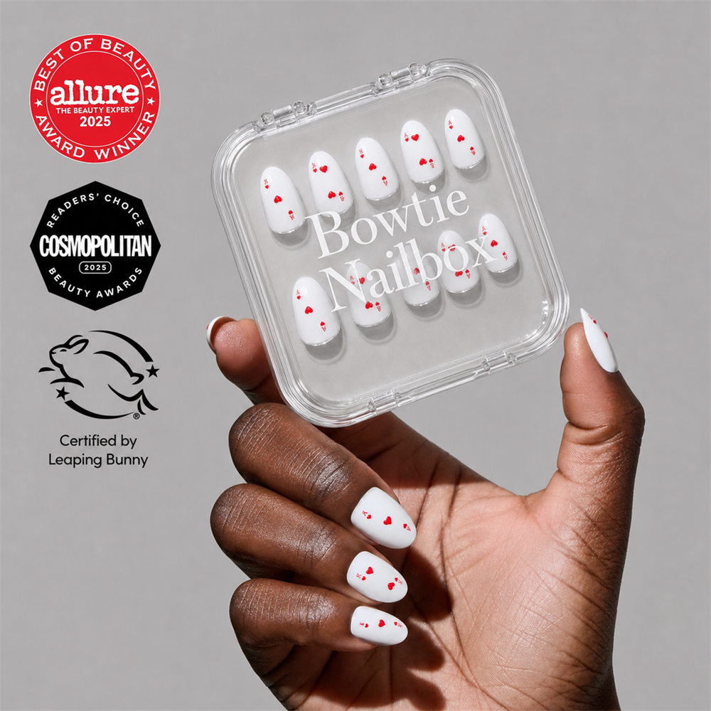 Ace of Hearts press-on nails on hand - lifestyle photo, milky cloud dancer finish
