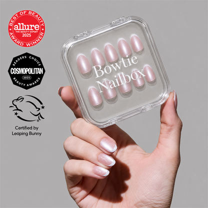 Angelic Touch press-on nails on hand - lifestyle photo, cat-eye velvet finish
