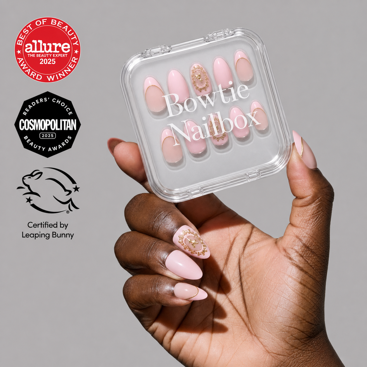 Pearl Me Softly press-on nails on hand - lifestyle photo, cat-eye velvet finish
