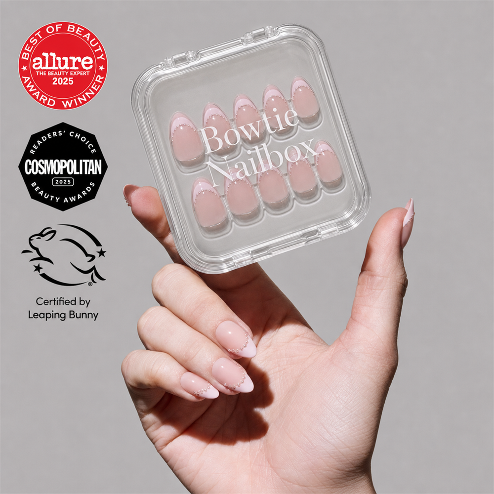 Pink Me Up press-on nails on hand - lifestyle photo, milky cloud dancer finish