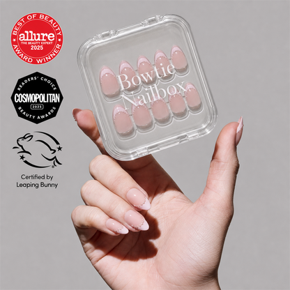 Pink Me Up press-on nails on hand - lifestyle photo, milky cloud dancer finish