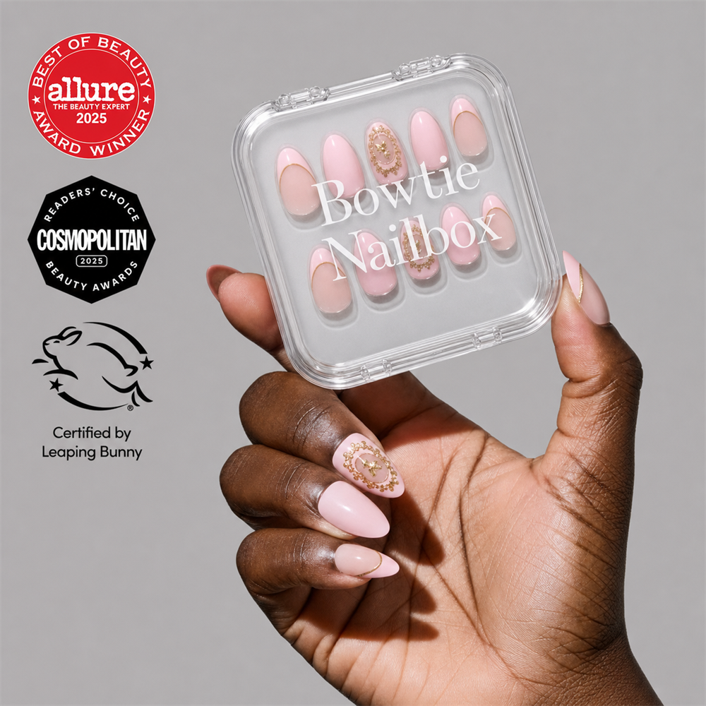Lover's Crest press-on nails on hand - lifestyle photo, french tip finish