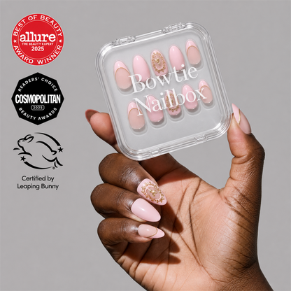 Lover's Crest press-on nails on hand - lifestyle photo, french tip finish