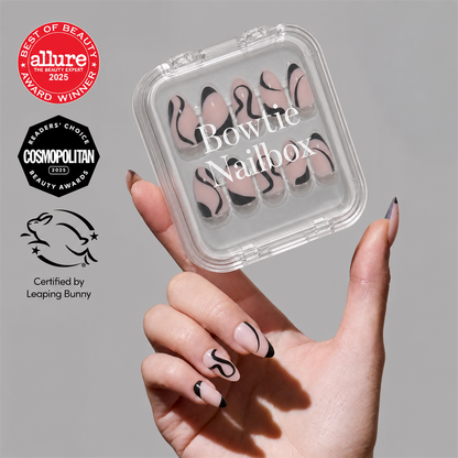 Ink Wave press-on nails on hand - lifestyle photo, soft neutral finish