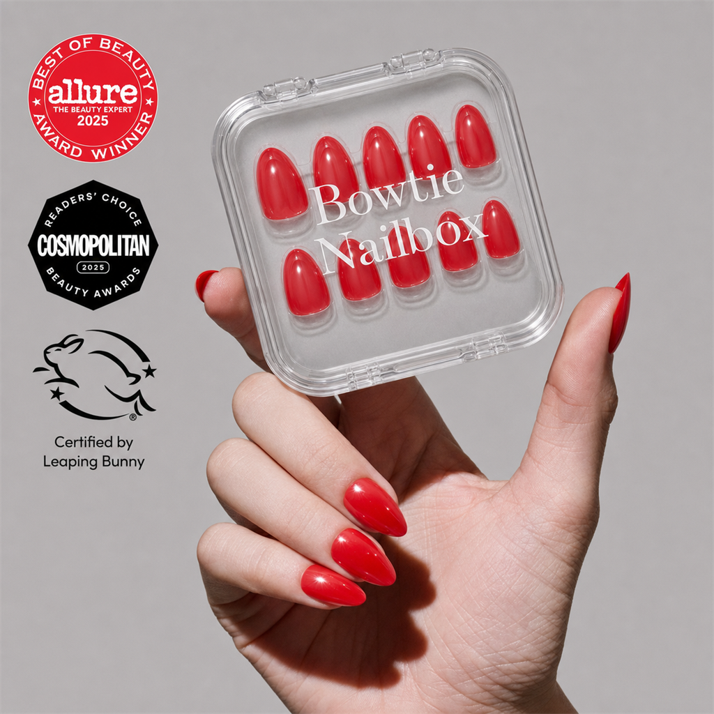 Red Flag press-on nails on hand - lifestyle photo, jelly glaze finish
