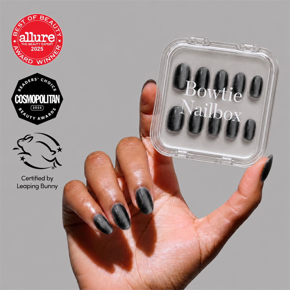 Galactic press-on nails on hand - lifestyle photo, cat-eye velvet finish