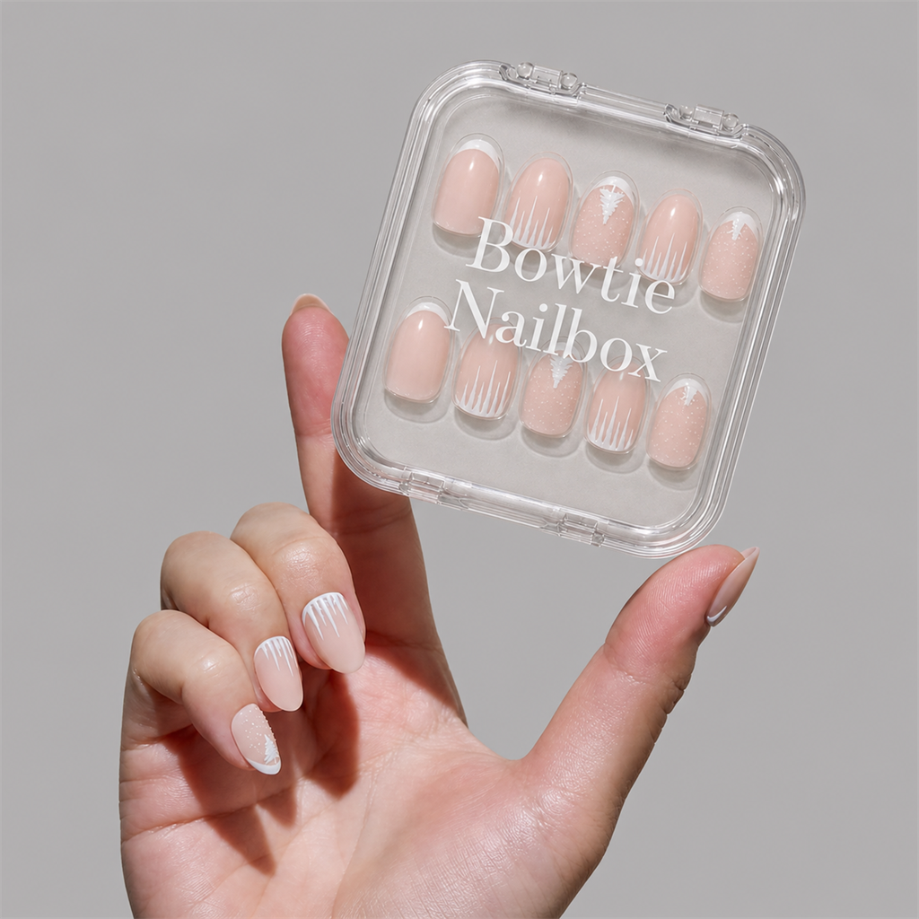 Winter's Tale press-on nails on hand - lifestyle photo, milky cloud dancer finish
