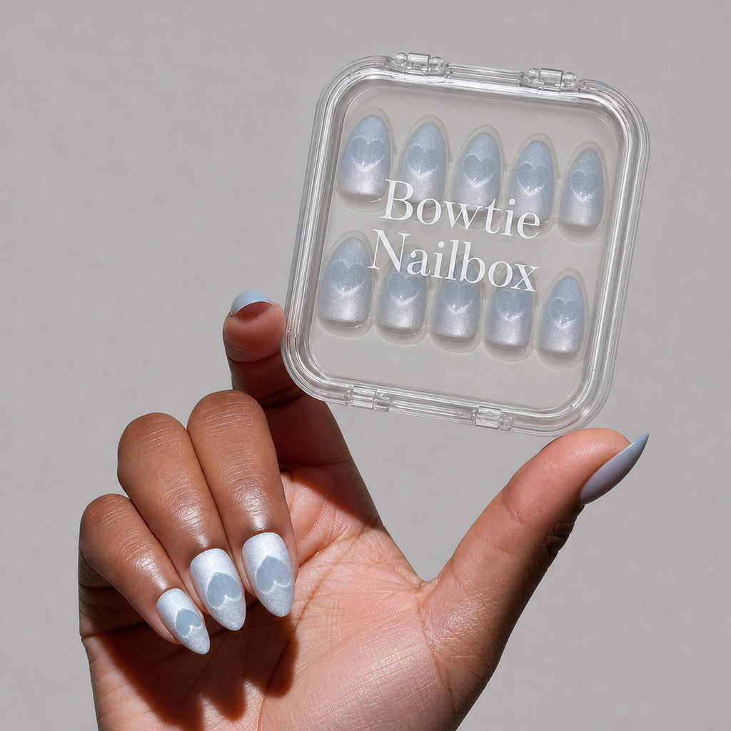 Cold Hearted press-on nails on hand - lifestyle photo, cat-eye velvet finish
