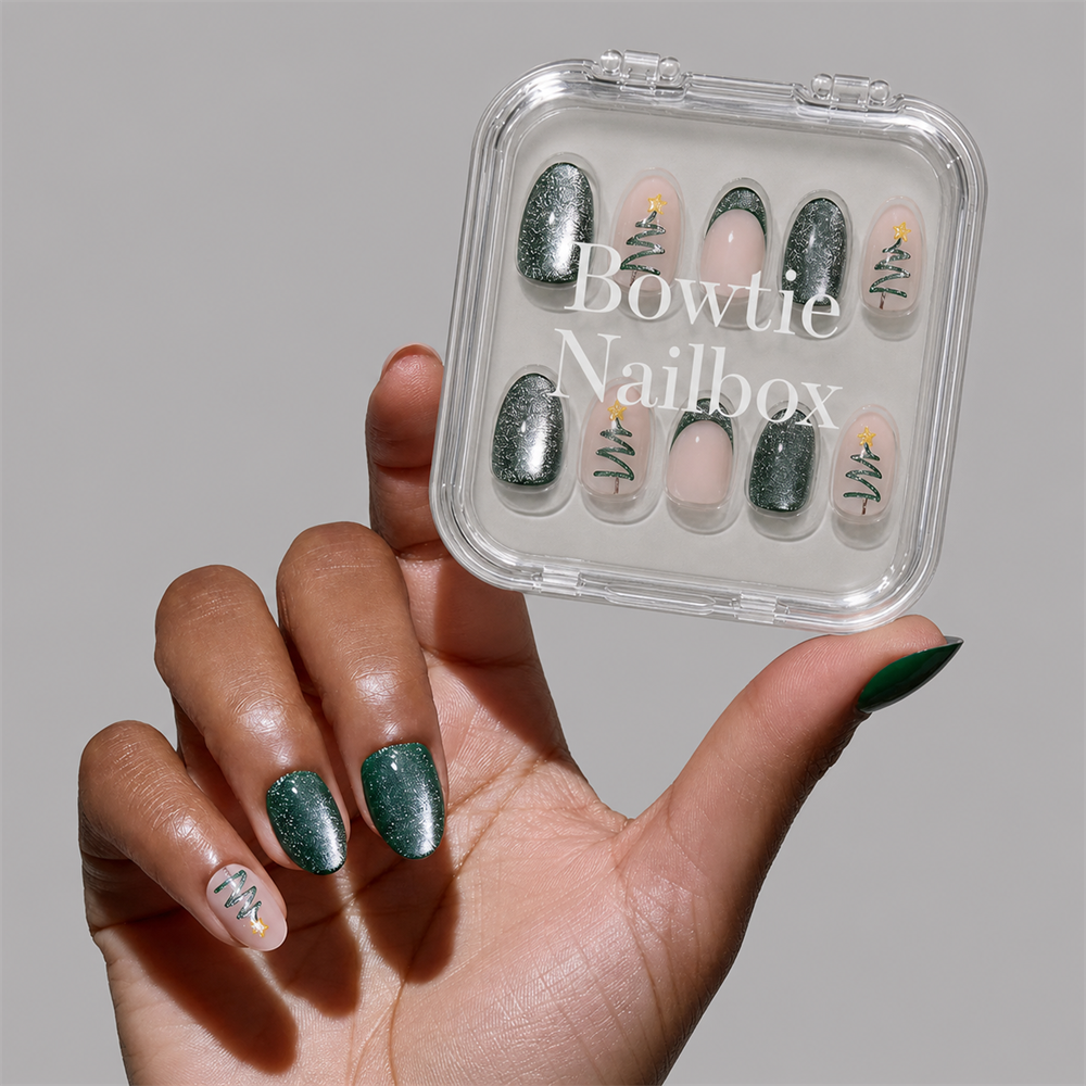 Velvet Pine press-on nails on hand - lifestyle photo, cat-eye velvet finish