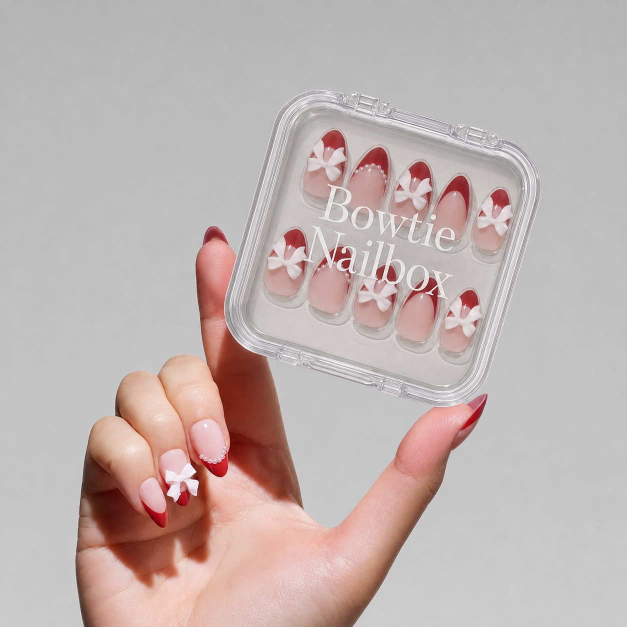 Cocoa & Kisses press-on nails on hand - lifestyle photo, soft neutral finish
