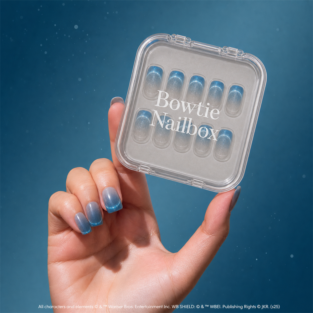 Lumos press-on nails on hand - lifestyle photo, cat-eye velvet finish
