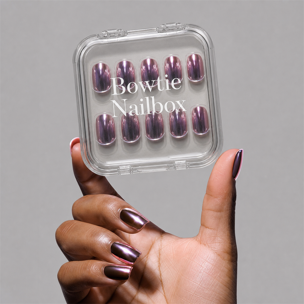 Metallic Blush press-on nails on hand - lifestyle photo, pearl-shift finish