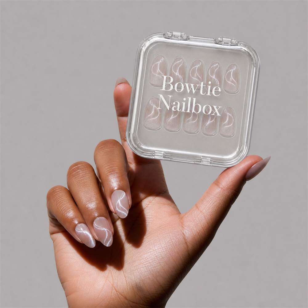 WOO-MAN! press-on nails on hand - lifestyle photo, cat-eye velvet finish
