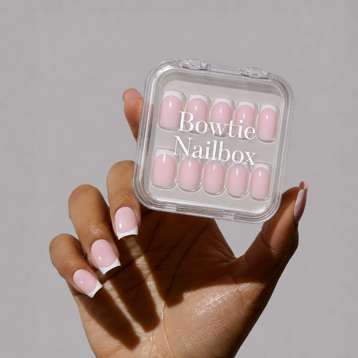 NO IN BETWEEN press-on nails on hand - lifestyle photo, milky cloud dancer finish