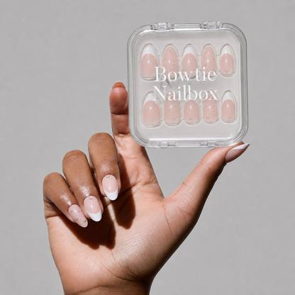 ALWAYS & FOREVER press-on nails on hand - lifestyle photo, milky cloud dancer finish